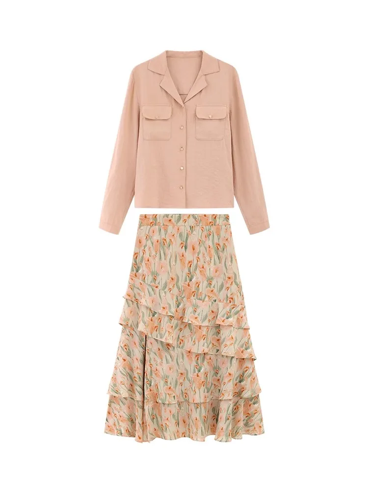 Elegant Ruffle Floral Skirt Shirt Women Autumn Long Sleeve Blouse Turn-Down Collar High Waist Boho Midi Skirt Two-Piece Outfit