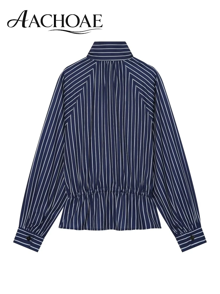 AACHOAE Women Striped Blouse Stand Collar Button Up Long Sleeve Drawstring Waist Loose Casual Shirt Elegant Office Lady Top