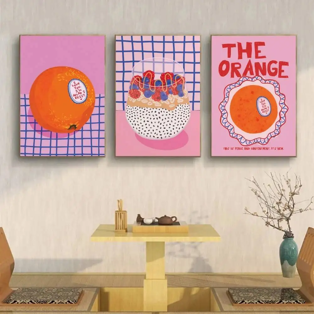 Pink Blue Grid Orange Fruit Poster Cute Cartoon Wall Art for Kitchen Dining Room Coffee Shop Apartment Home Decor Unframed Print