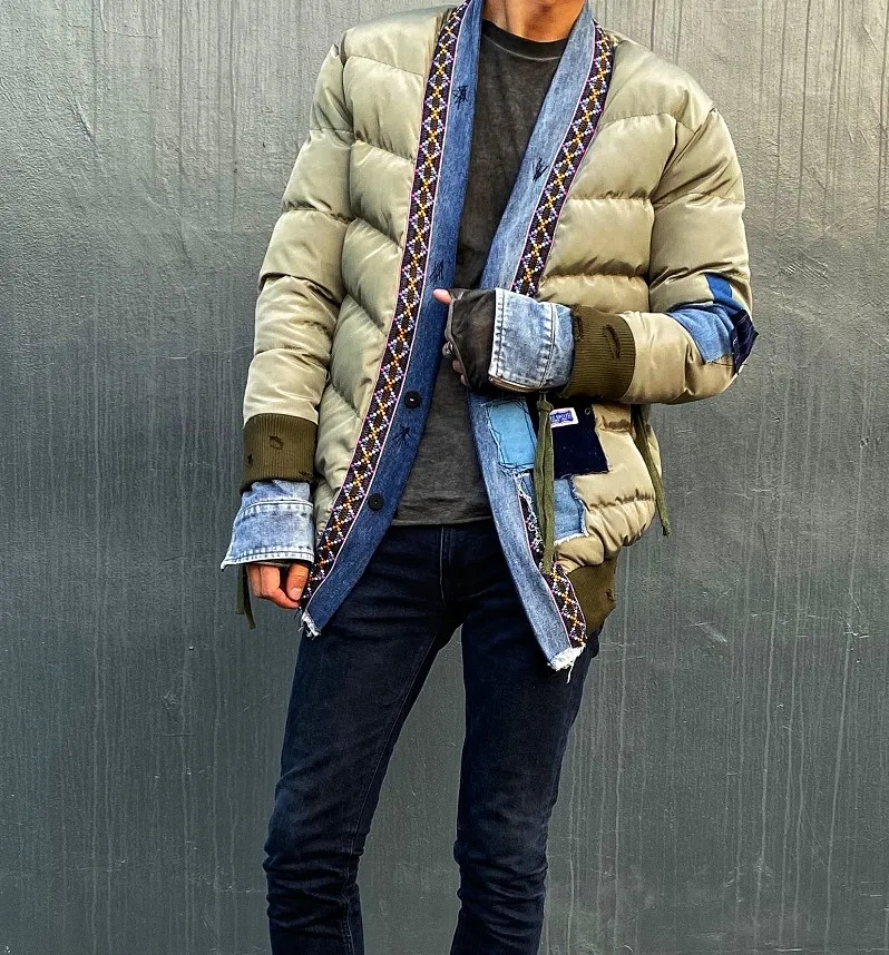 Greg Lauren Autumn and Winter Vintage Patch Design Denim Stitching Cardigan Coat Robe Mid-Length down Jacket Men Thermal Clothes