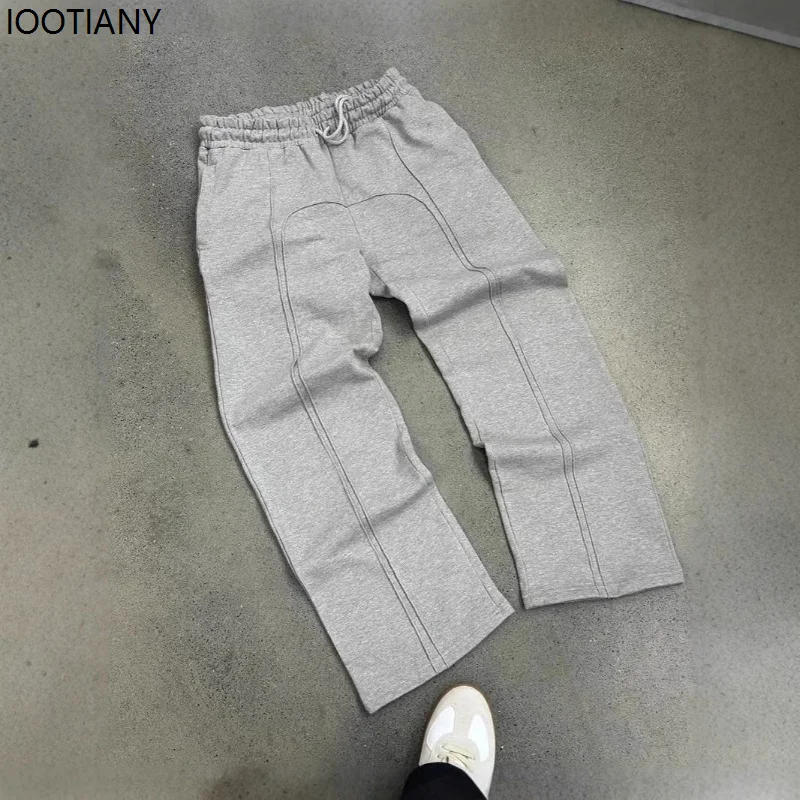 Black American Pants Hip-hop Drawstring Sweatpants Elastic Waist Sweatpants Loose Solid Color Casual Harajuku Street Trend 2025