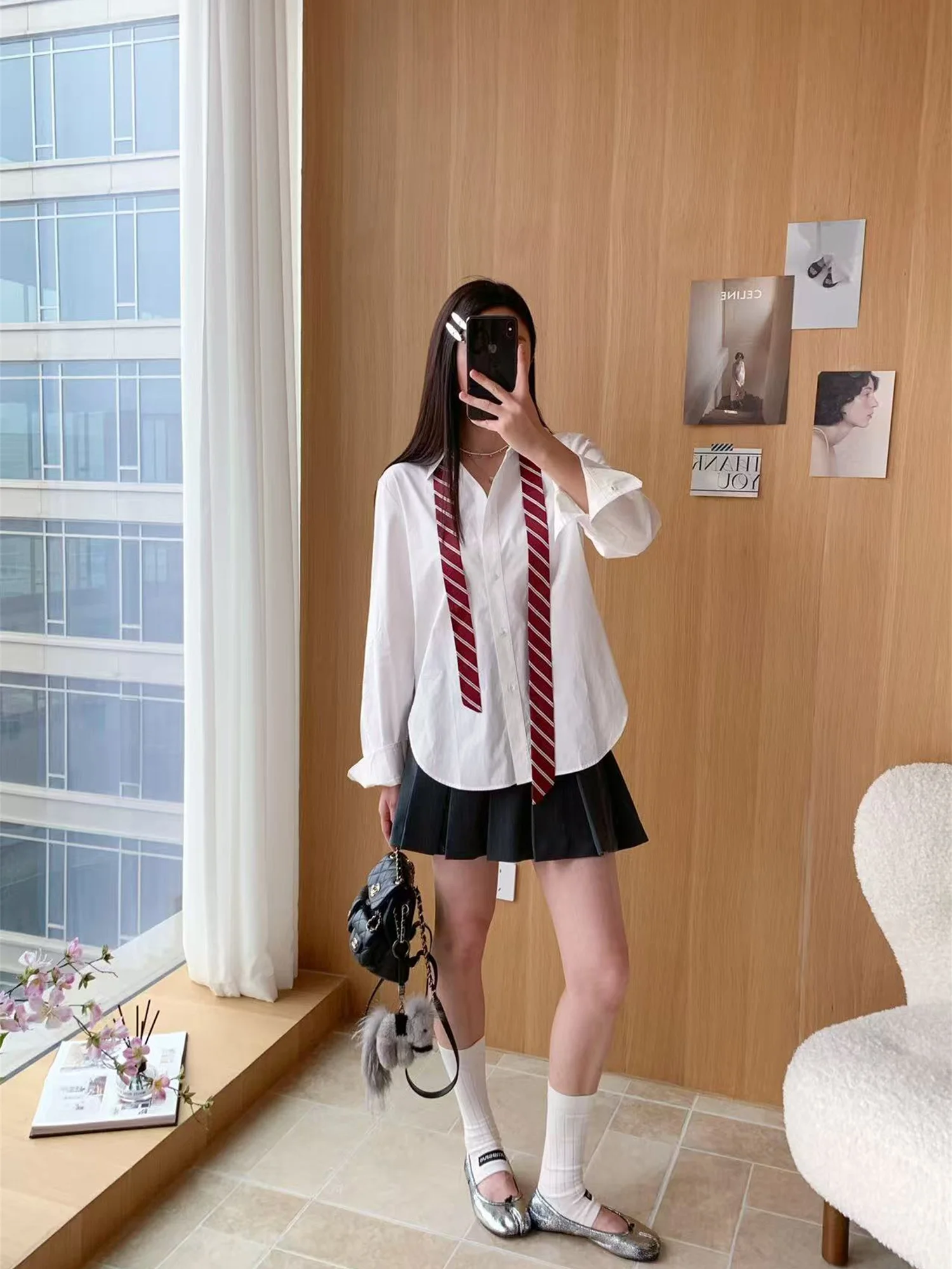 

Рубашка в стиле ретро с академическим колоритом и галстуком, 26, ранняя весна, итальянский высококачественный хлопок, нейтральный цвет, женская, повседневный стиль, длинный рукав