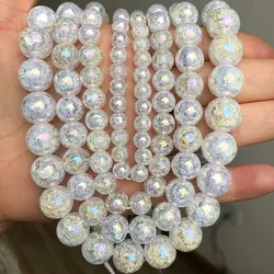 Natural Stone Rainbow AB White Snow Cracked Quartz Crystal Beads For Jewelry Making Diy Bracelet Necklace 15Inch 4 6 8 10 12mm