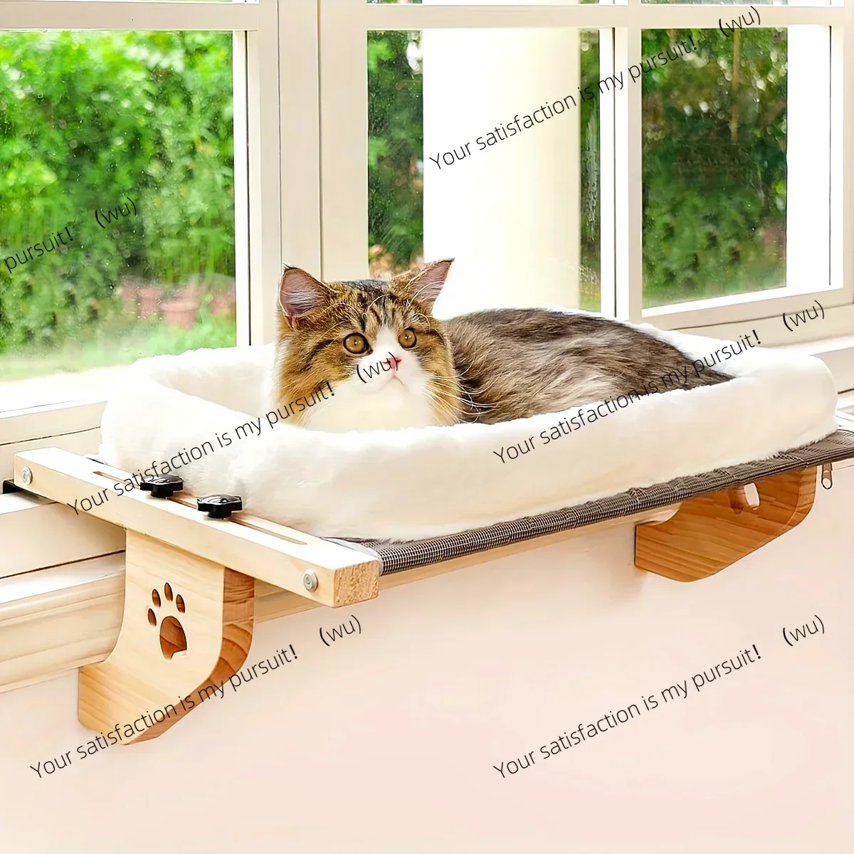 Adjustable Cat Window Perch, Soft Fleece Hammock Bed with Secure Wall/Ceiling Mount, Paw Print Design for Indoor Cats Relaxation