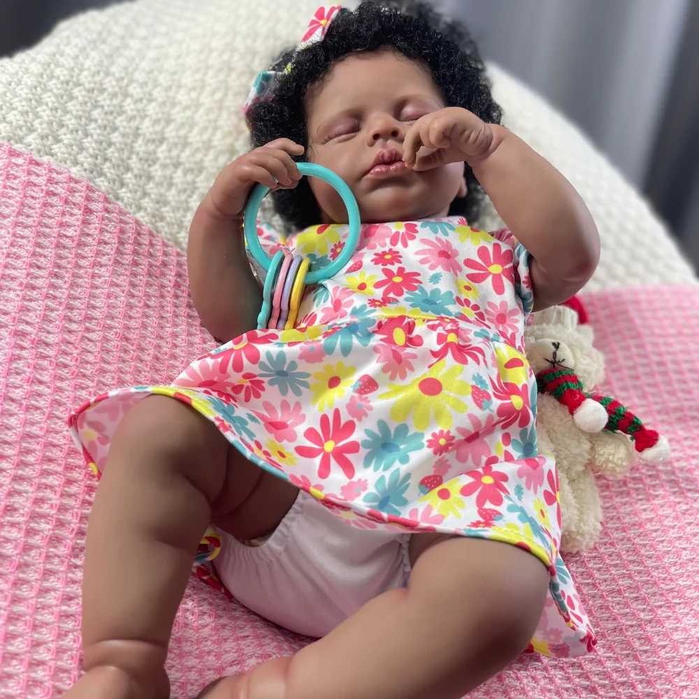 MRB 50CM Reborn Baby Doll LouLou Dark Skin Girl African American Baby Finished Newborn Lovely Black Girl Collectible Art Doll