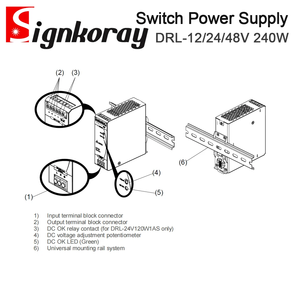 Imagem -05 - Signkoray-fonte de Alimentação de Comutação Original tipo Trilho Din Série Drl 240w 12v 24v 48v 10a Monofásico 5060hz