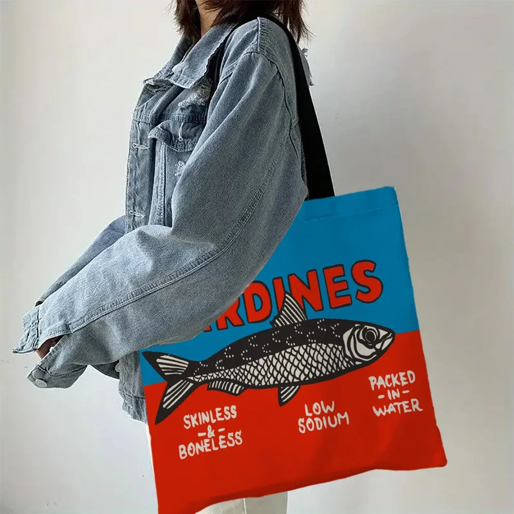 Bunte, trendige Sardinen-Druck-Freizeithandtasche, wiederverwendbarer modischer Rucksack, multifunktionale Einkaufstasche, Polyester-Einkaufstasche – Detail 7