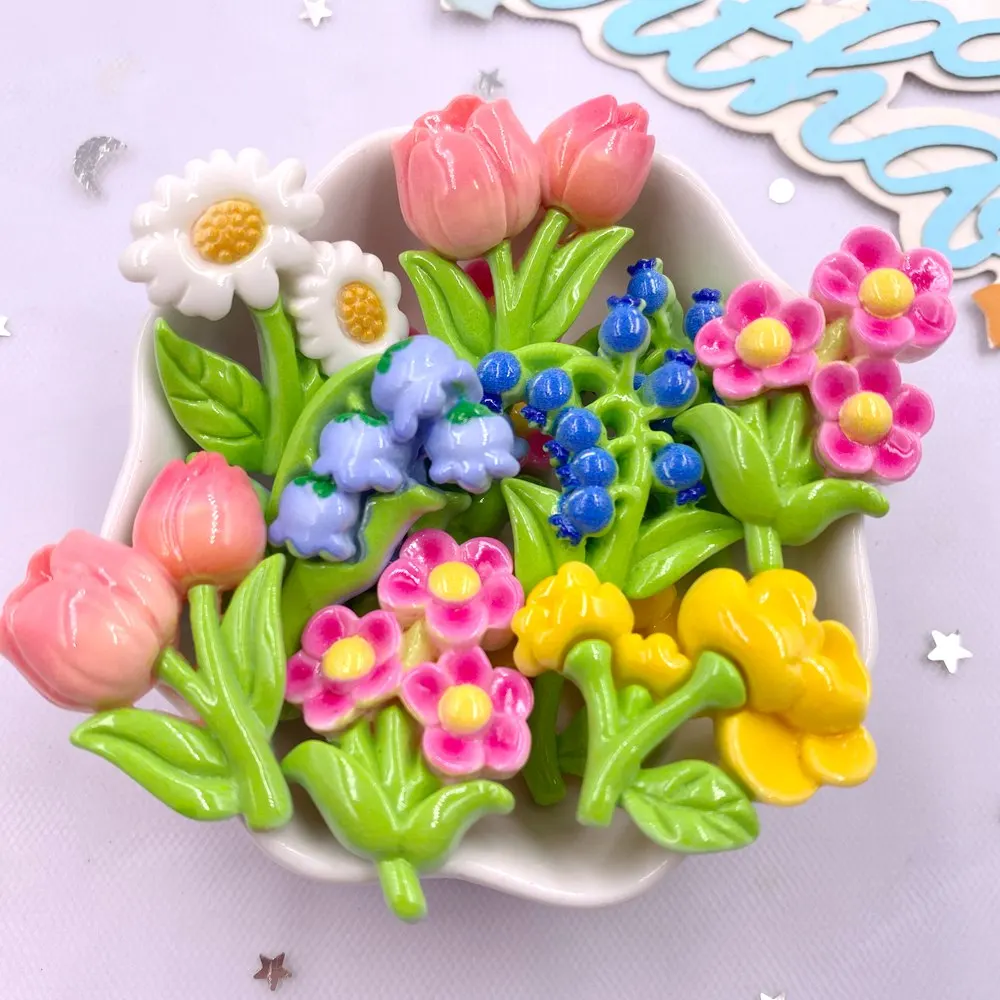 6PCS Resin Kawaii Colorful Painted Sunflower Tulip Flat back Flower Stone Figurines Scrapbook DIY Bow Decor Accessories Crafts