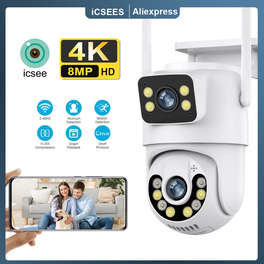 Surveillance PTZ Camera Dual Lens Dual Screen IP Camera Outdoor 4K UHD Auto Tracking Security Protection CCTV Wireless iCSee