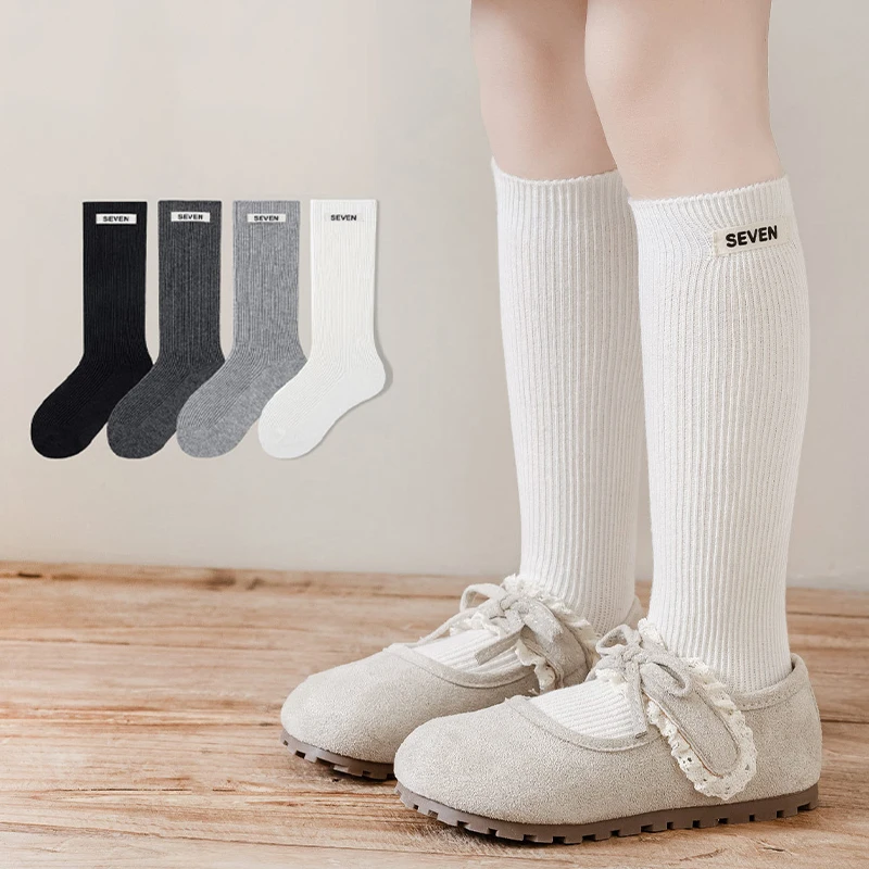 4 Pairs Kids Girls Socks Solid Ribbed Long Tube Girl Socks Comfort Elastic Socks For Girls Spring Autumn Daily Wear