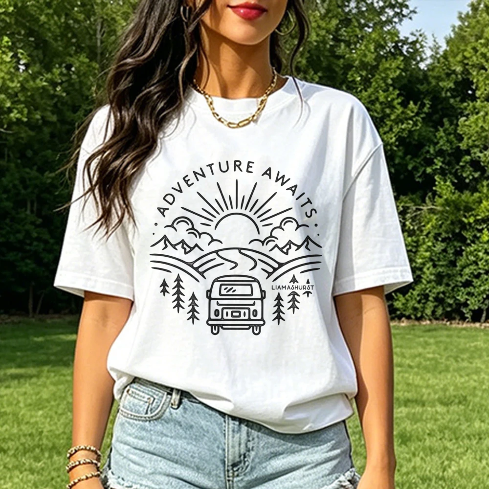 Adventure Awaits Van Graphic Tee Road Trip Sunrise Mountain Line Art Wanderlust Unisex Streetwear Tops Cotton Fashion Tees