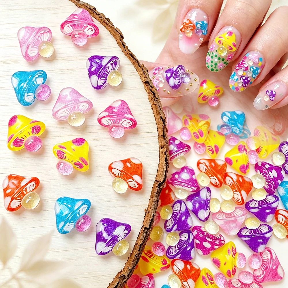 50pcs Ice Transparent Cute Mushroom Nail Charms 3D Mixed Kawaii Colorful Polka Dots Mushroom Nail Jewelry DIY Crafts Nail Decora