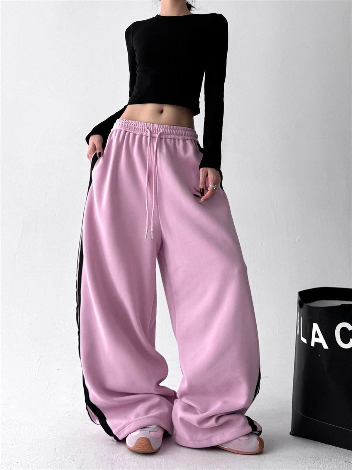 Cool Women's Pink Baggy Pants Oversize Sweatpants Stripe Long Pants Harajuku Japanese 2000s Style Y2k Vintage Trousers Clothes