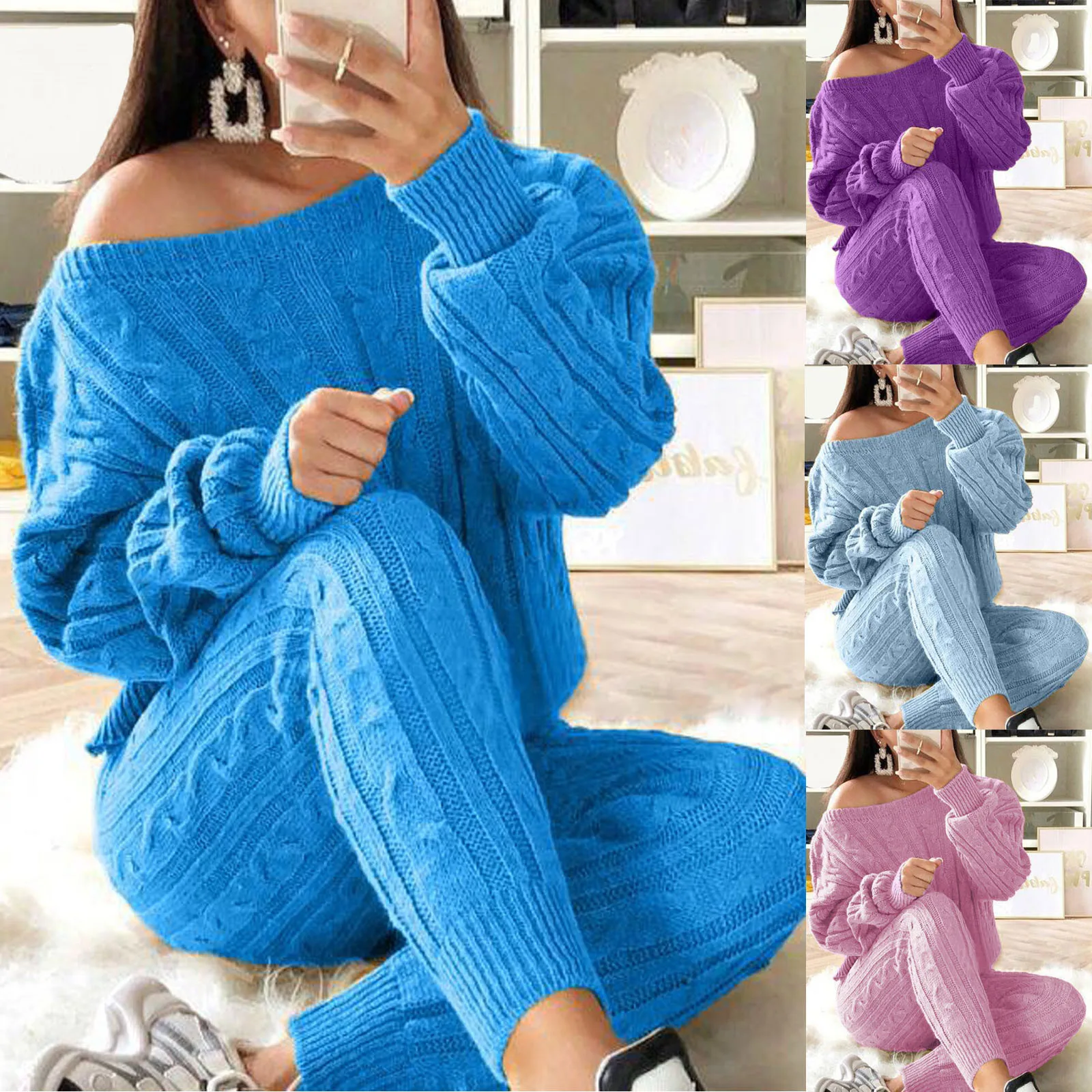 Plus Size 5XL Knitted Tracksuit Women Casual  Sexy O-neck Off Shoulder  Long Sleeve Sweater Slim Pencil Pants Suit Two Piece Set