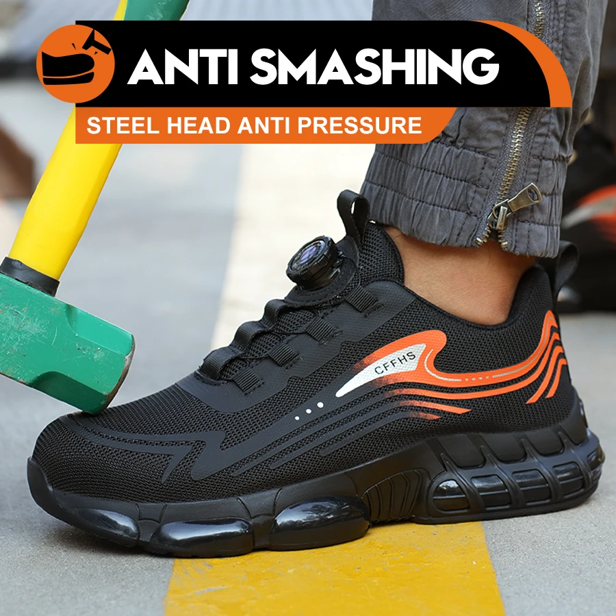 Low Top Men Work Shoes Breathable Rotary Button Safety Shoes Soft Work Sneakers Anti-smash Anti-Puncture Construction Work Shoe