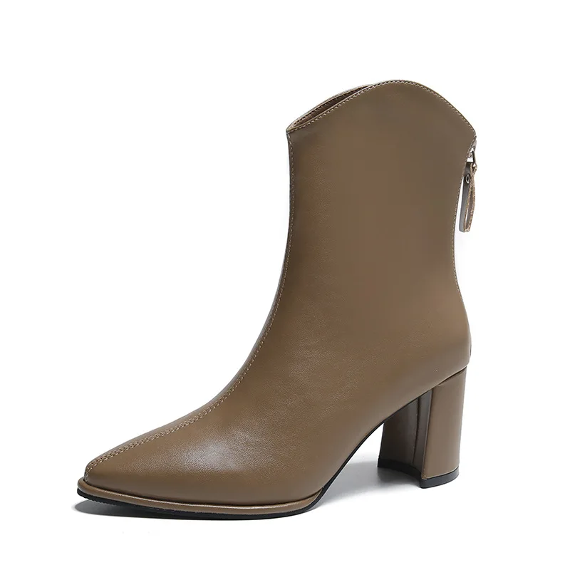 Fashion solid color pointed thick heeled boots autumn/winter 2023 rear zipper high heeled short boots distribution for women