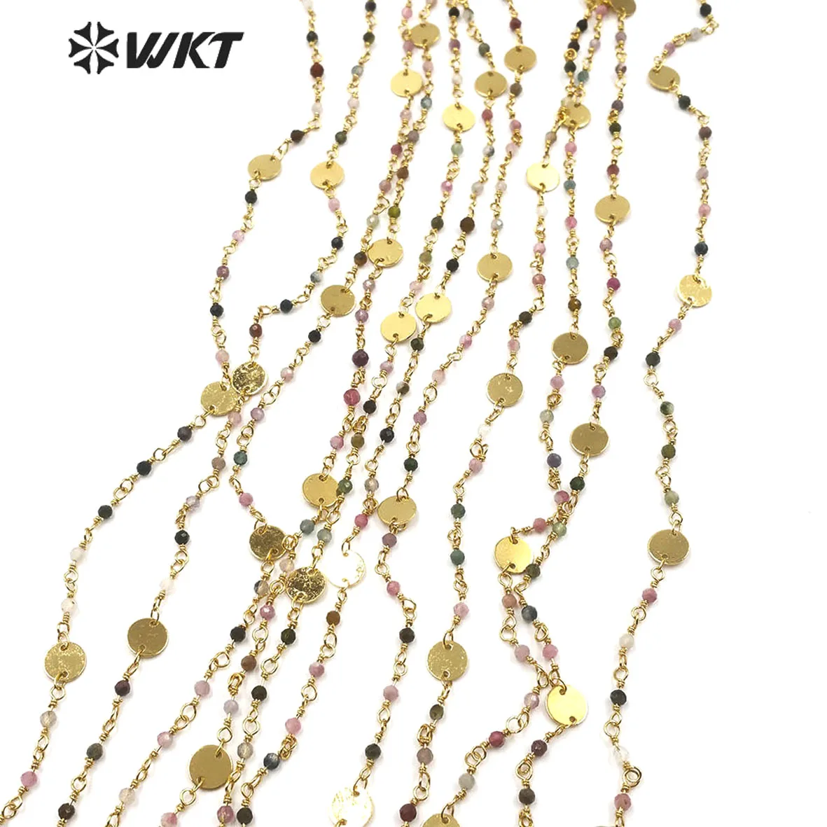 RBC144 Fashion Gold Plated Rainbow Tourmalie Beads Chain Gold Electroplated 3mm Faceted Stone Rosary Chain For DIY Making