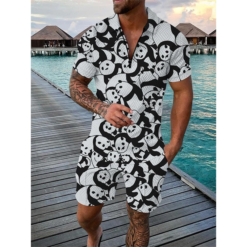 Summer Men Tracksuit Duck Panda 3D Print Short Sleeve Zipper Polo Shirt Shorts Sets 2 Pieces Male Oversized Streetwear Set Suits