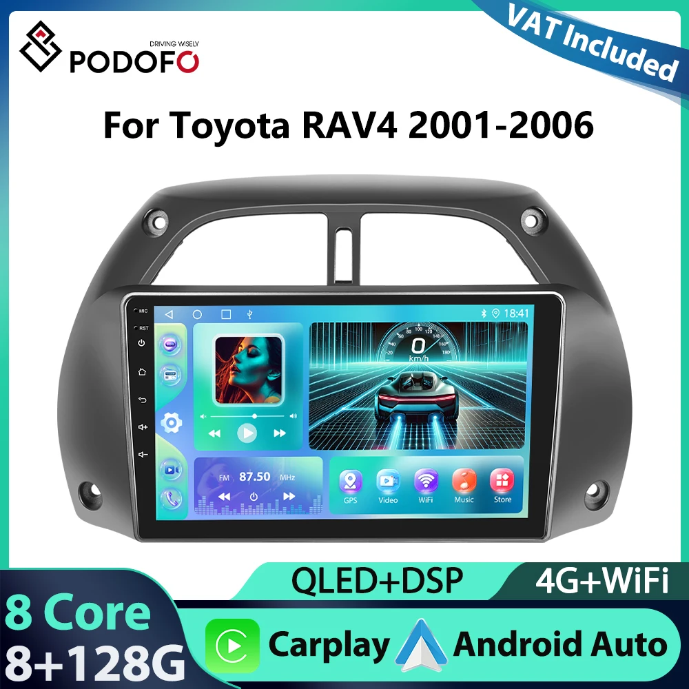 Autoradio Podofo 9'' 8Core per Toyota RAV4 2001-2006, lettore multimediale con Carplay, Android Auto, WIFI, 4G, GPS, RDS, 8+128G, stereo per auto