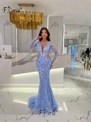 Elegant Long Sleeve Special Party Dresses Crystal Pearls Mermaid Evening Prom Dress Stone Wedding Enagement Gowns Robe de soiree