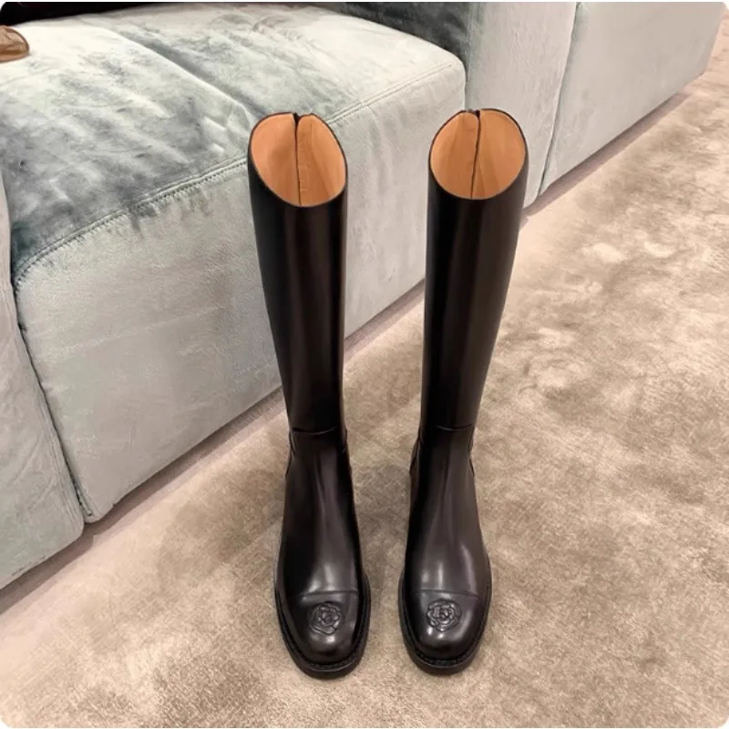 

New Retro Women's Shoes Luxury Genuine Leather Knee High Boots for Woman Fashion Britain Knight Boots Designer Shoes Botas Mujer
