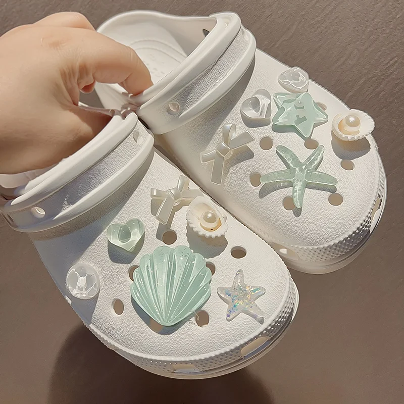 Ocean Style Resin Shoe Charms Starfish Shell Butterfly Heart Decorative Shoe Accessories, Transparent Glitter Shoe Charms