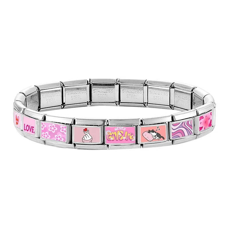 2025 Romantic Sweet Pink LOVE you Never Give up Flowers Italian Charm Link fit 9mm Stainless Steel Jewelry DIY Making Bracelets