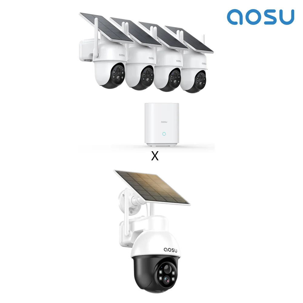 Refurbished AOSU Wireless 4 Cams Kit Solar Camera System 5000mAh Battery 360° View PTZ Cameras with Solar Panel Wifi Camera Set