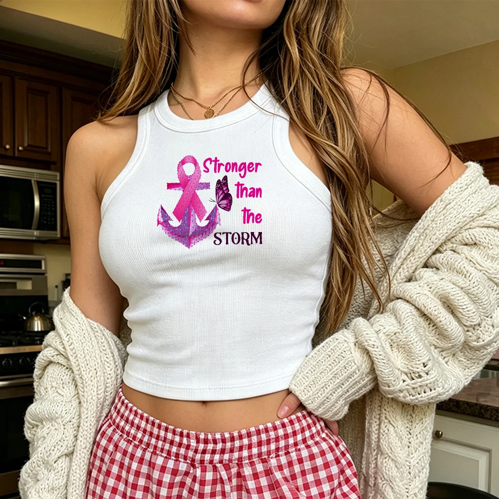 Stronger Than The Storm Anchor Butterfly Pink Ribbon Graphic Women Crop Tank Top Faith Breast Cancer Sleeveless Casual Top
