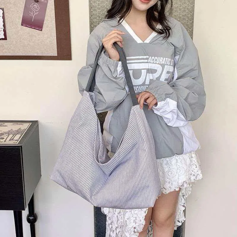Korean Striped Canvas Underarm Tote Bag Spacious Commute Shoulder Purse Fresh Spring Summer New Arrival Versatile Daily Carry
