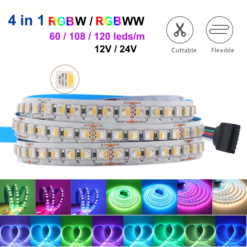 

5M RGBW/RGBWW 4 color in 1 LED Strip Light 60/108/120leds/m SMD 5050 Flexible Decoration Ribbon Tape Light Bar DC 12V 24V