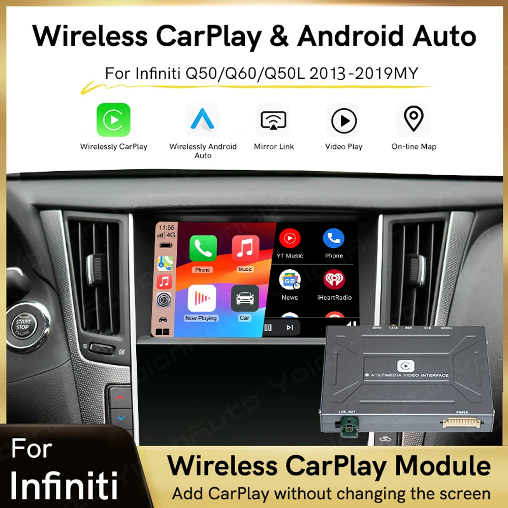 YolanAuto CarPlay Inalámbrico y Android Auto para Infiniti Q50 Q50L Q60 QX50 QX60 QX70 2013-2019 Compatible con GPS, Música, Airplay, Cámara 360