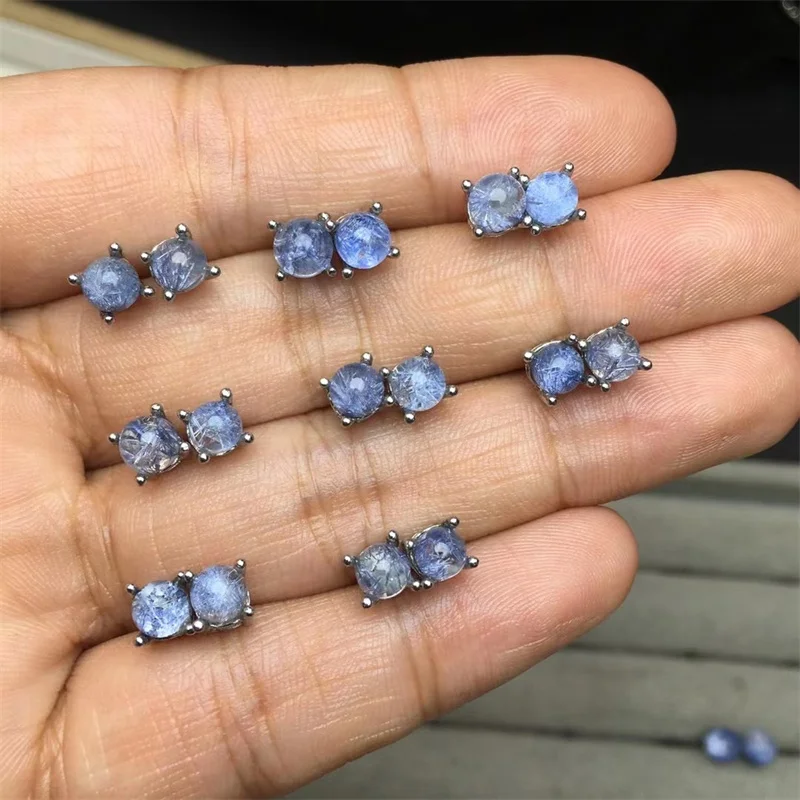 

S925 Natural Dumortierite Stud Earrings Simple Paved Stud Fashion Crystal Hypoallergenic For Women Gift 1pair