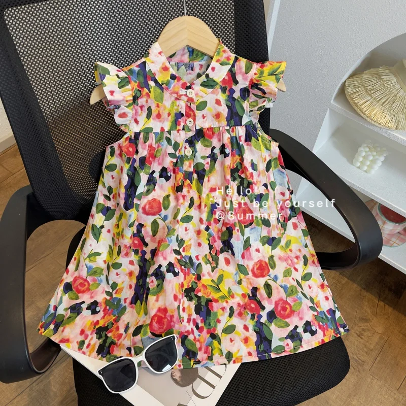 

2024Summer New Girls' Floral Flying Sleeve round Neck Dress Summer Sleeveless Dress23267