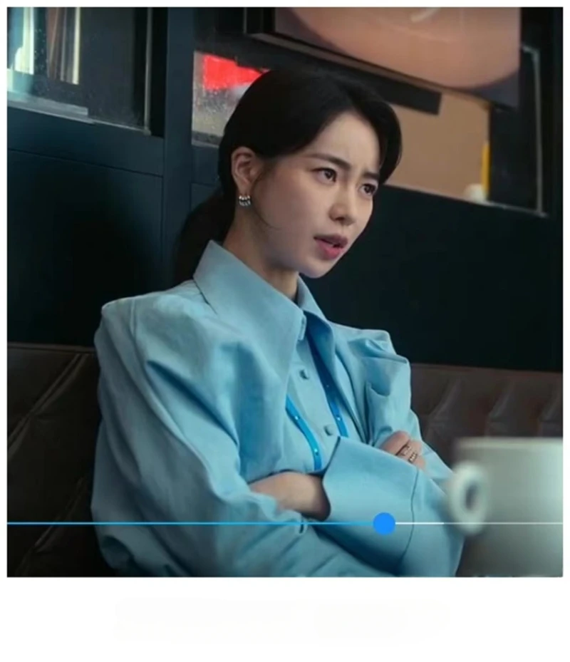 Kpop Korean Drama Star Same Elegant Puff Sleeve Office Lady Shirts Women Winter Blue Casual Buttons Blouses Street Fashion Tops