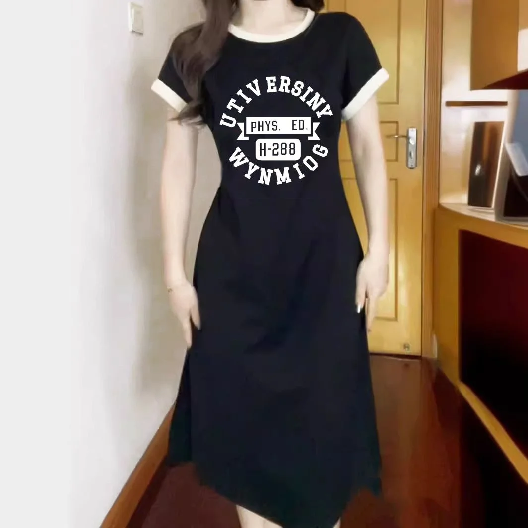 여름용 아이스 실크 여성용 홈웨어 프린트 얇은 레터 디자인 롱 슬릿 디자인 슬리밍 효과