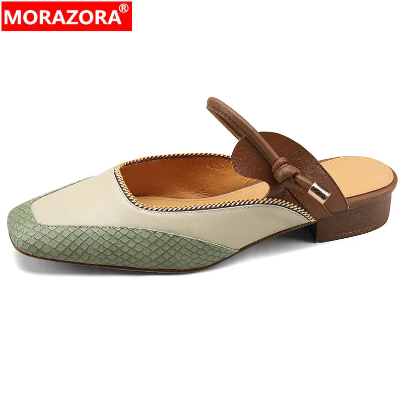 

MORAZORA New Mixed Colors Ladies Dance Mules Shoes Sheepskin Leather Woman Slippers 2024 Square Low Heels Summer Slippers