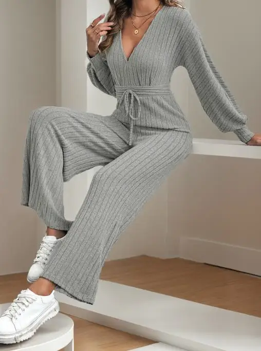 

2025 New Velvet V-Neck Strap Bat Sleeve Solid Color Wide Leg Jumpsuit
