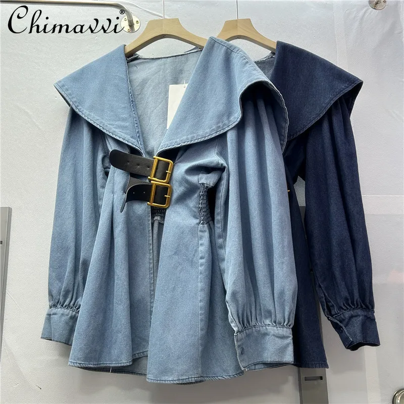 

25 French Temperament Versatile Simple Shoulder Shirt Women's Autumn Design Sense Niche Sweet Spice Girl Chic Denim Shirt