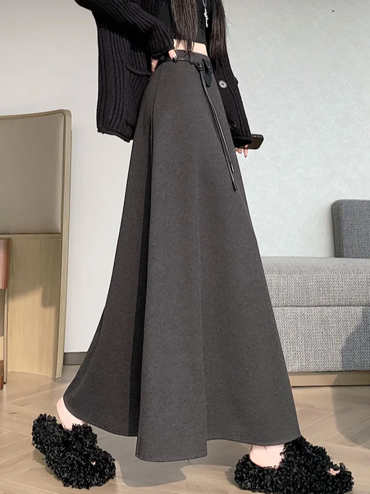 Thiened بدلة صوفية تنورة المرأة الخريف الشتاء تصميم تحسس حبل مربوط ثنيات عالية الخصر ضئيلة ألف خط مظلة تنورة