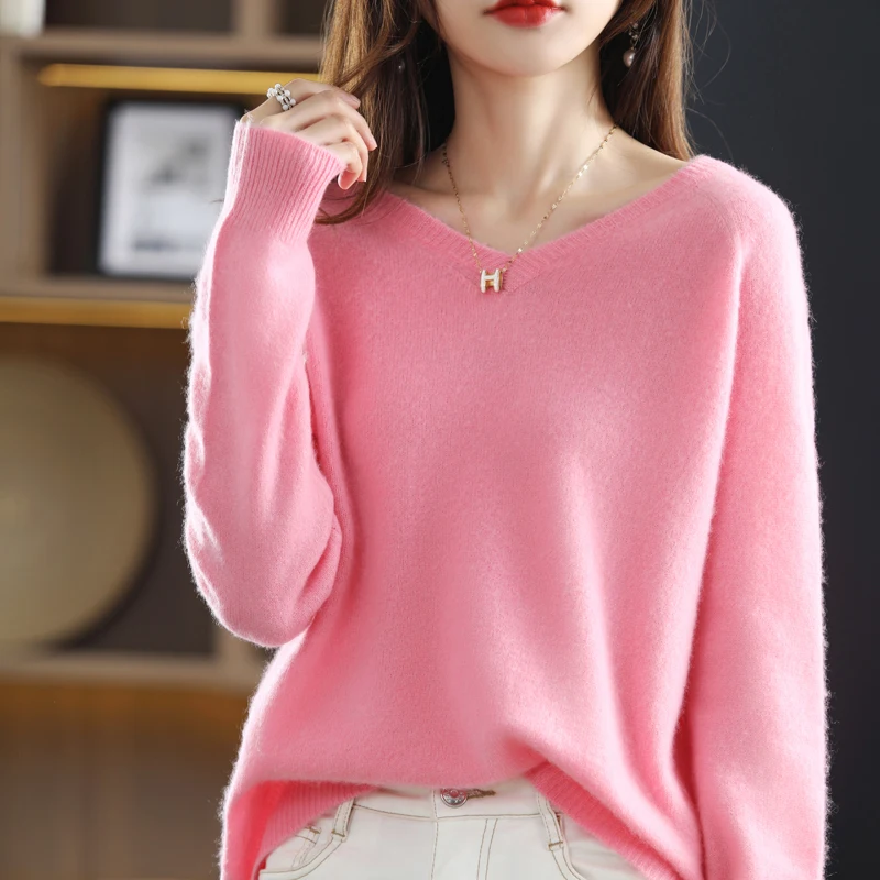 100% Wool Sweater Women Pullover New Arrival V-Neck Long Sleeve Female Warm Soft Basic Jumper Solid Loose Large Size Knitt