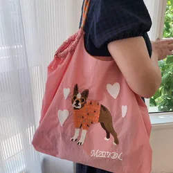 Cartoon Embroidery Tote Bags for Women Cute Poodle Shoulder Bag Dog Designer Bag Large Eco Shopper Purses and Handbags Big Hobo