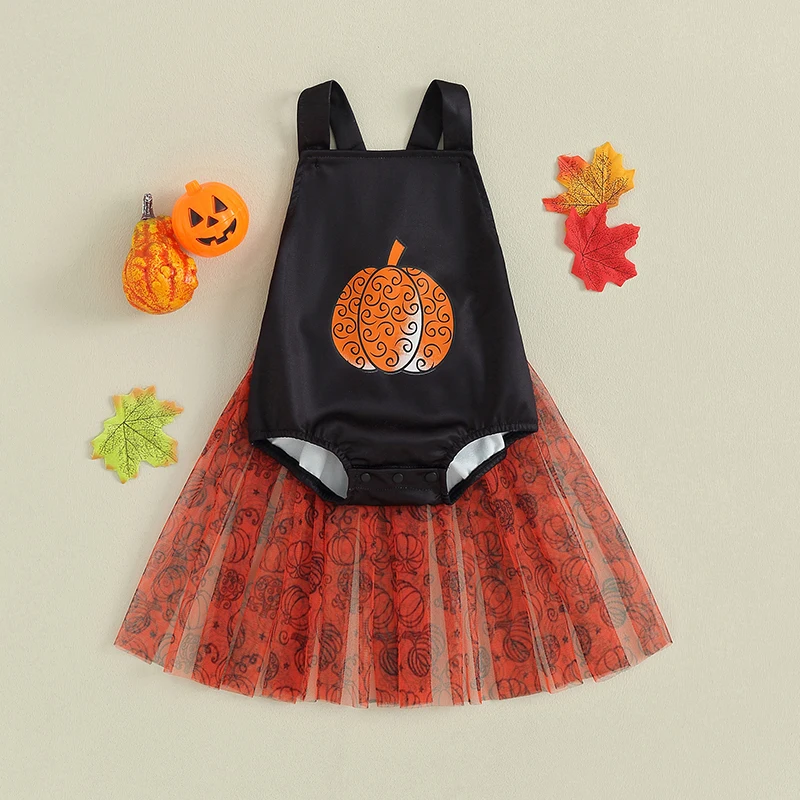 

Baby Girl Sleeveless Jumpsuit Halloween Pumpkin Print Summer Romper Overalls with Cape for Newborn Toddler Cute Clothing Set