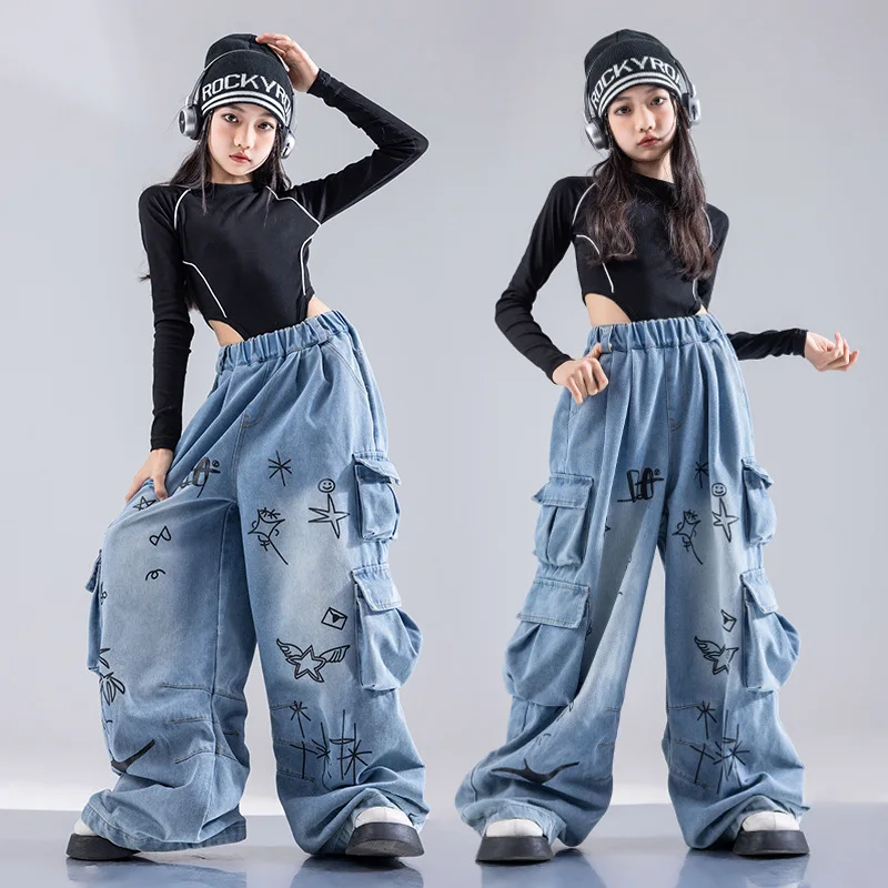 Jazz Dance Costume Long Sleeve Jumpsuit Jeans Suit Fashion Clothes For Girl Hip-hop Stage Outfit Catwalk Show Clothing
