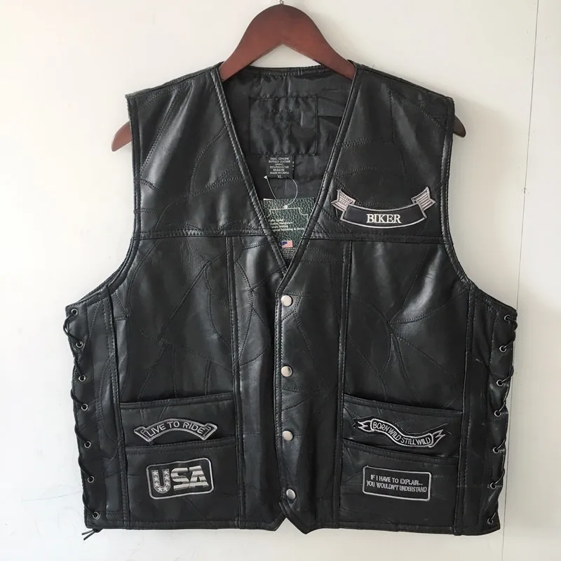 Mens Punk Motorbike Riding Waistcoat Black Leather Multi‑Patch Decor V‑Neck Snap Closure Side Lace‑Up Biker Vest With Pockets