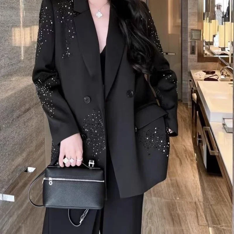 LIBIELIY 2025 New Autumn High-grade Rhinestone Black Small Suit Jacket Female Double-breasted Loose Casual Fashion Blazer Women