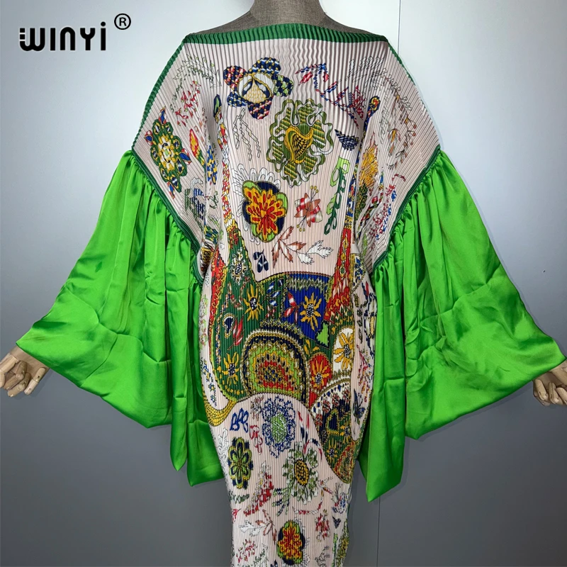 WINYI Bubble sleeve Pleated elastic slim dress beach wear kaftan abaya dubai luxury party long dress muslim woman evening dress