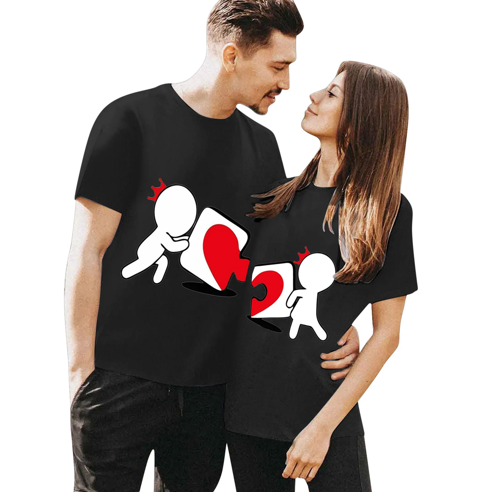 Cotton 100% Couple Matching T-shirt Cartoon Puzzle Heart Print Lovers Short Sleeve Tees Valentine Gift Casual Tops