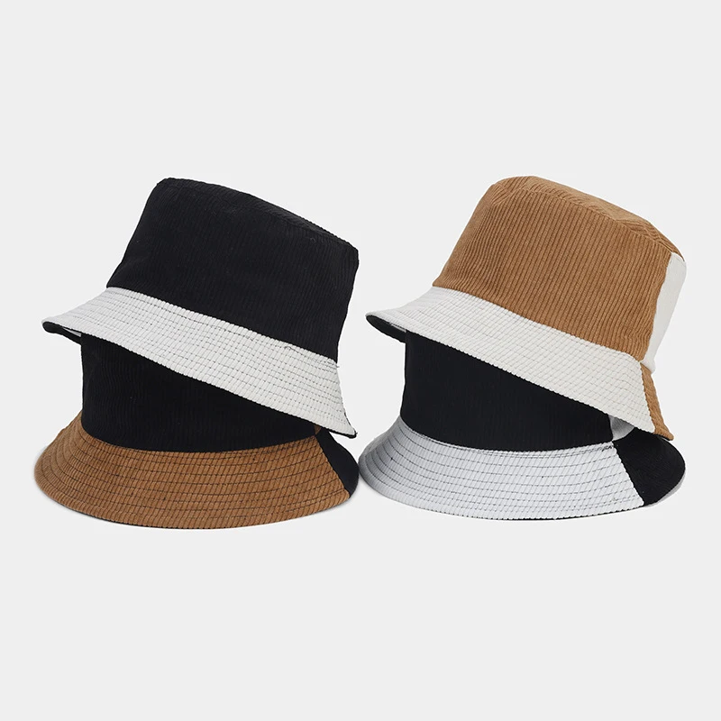 Color Block Corduroy Bucket Hat Unisex Two-Tone Fisherman Cap Casual Sun Hat for Fall Winter