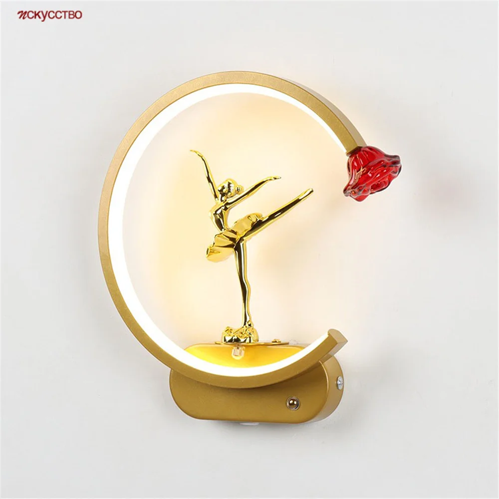 

Modern Ballet Girl Gold Ring Minimalism Led Wall Lamp Kids Bedroom Bedside Sleeping Night Light Home Decoration Aisle Fixtures